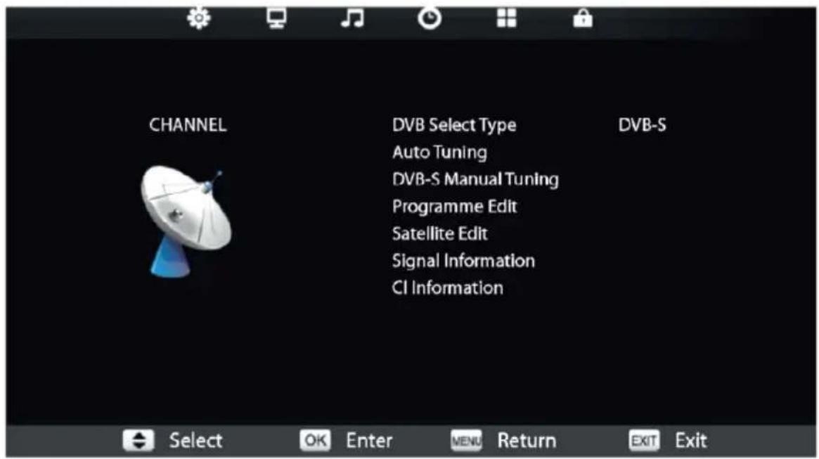 CHANNEL DVB Select Type Auto Tuning DVB-S Manual Tuning Programme Edit Satellite Edit Signal Information CI Information DVB-S Select OK Enter MENU Return EXIT Exit
