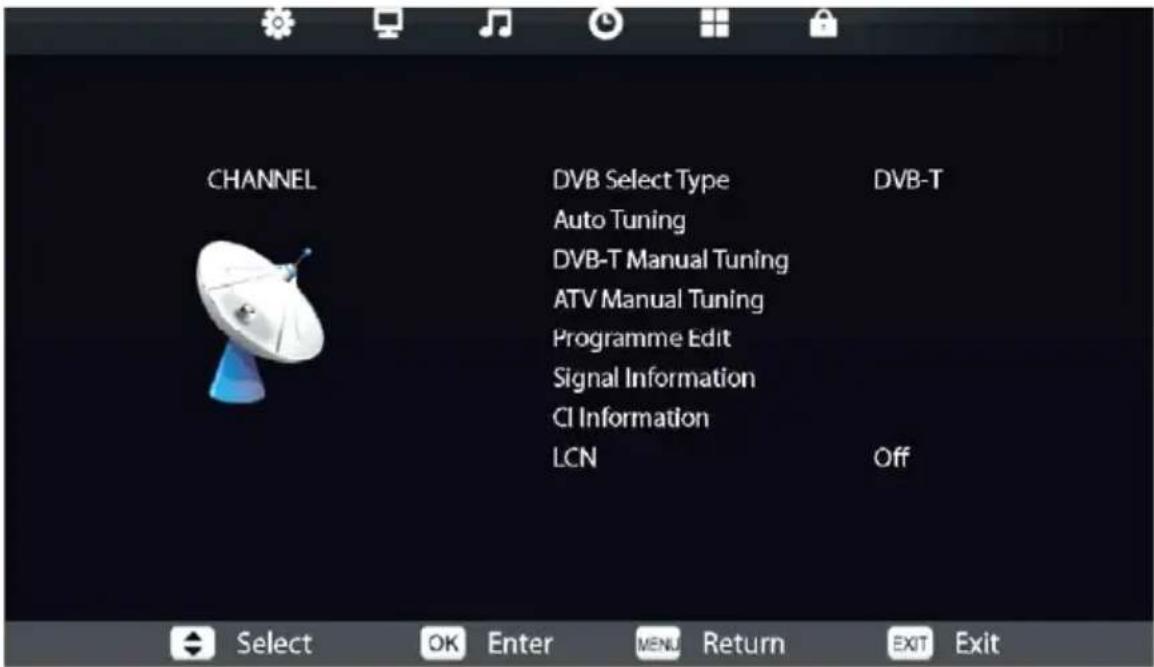 CHANNEL DVB Select Type Auto Tuning DVB-T Manual Tuning ATV Manual Tuning Programme Edit Signal Information CI Information LCN DVB-T Off Select OK Enter MENU Return EXIT Exit