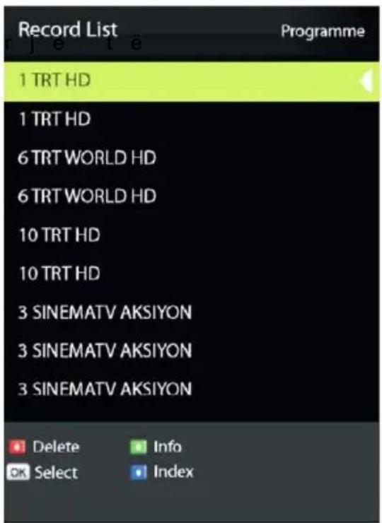 Record List Programme 1 TRT HD 1 TRT HD 6 TRT WORLD HD 6 TRT WORLD HD 10 TRT HD 10 TRT HD 3 SINEMATV AKSIYON 3 SINEMATV AKSIYON 3 SINEMATV AKSIYON Delete Info OK Select Index