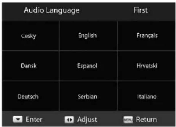 Audio Language First Cesky English Français Dansk Espanol Hrvatski Deutsch Serbian Italiano Enter Adjust Return
