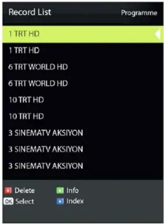 Record List Programme 1 TRT HD 1 TRT HD 6 TRT WORLD HD 6 TRT WORLD HD 10 TRT HD 10 TRT HD 3 SINEMATV AKSIYON 3 SINEMATV AKSIYON 3 SINEMATV AKSIYON Delete Info OK Select Index