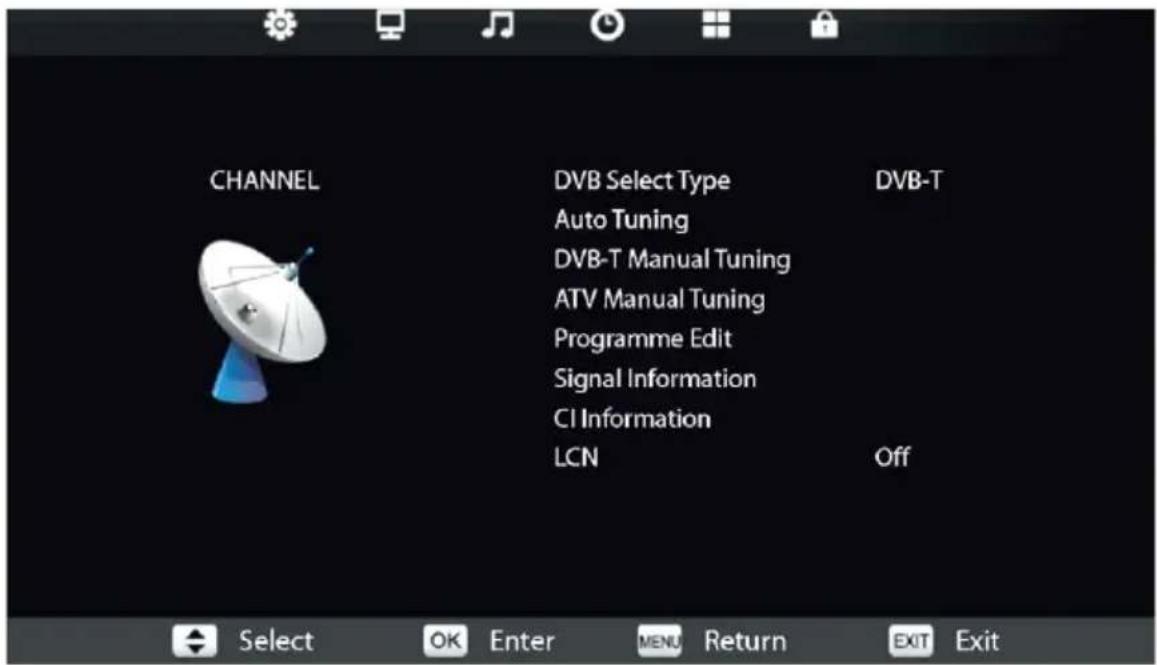 CHANNEL DVB Select Type Auto Tuning DVB-T Manual Tuning ATV Manual Tuning Programme Edit Signal Information CI Information LCN DVB-T Off Select OK Enter MENU Return EXIT Exit