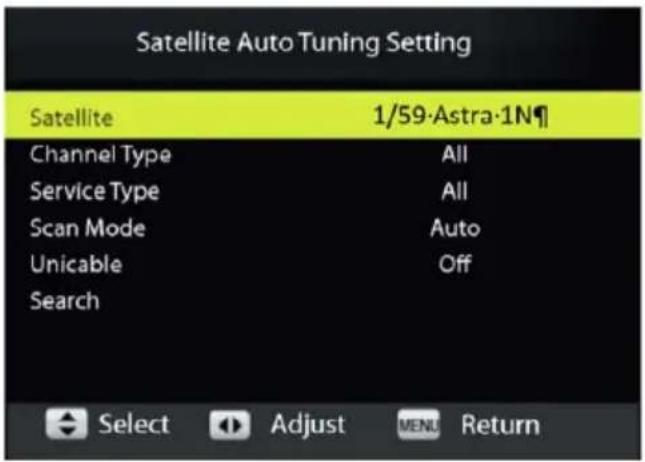Satellite Auto Tuning Setting Satellite 1/59·Astra·1N¶ Channel Type All Service Type All Scan Mode Auto Unicable Off Search Select Adjust MENU Return