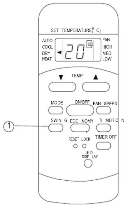 SET TEMPERATURE® C AUTO COOL DRY HEAT 20 FAN HIGH MED LOW TEMP MODE ON/OFF FAN SPEED SWIN G ECO NOMY TI MER O N RESET LOCK TIMER OFF LED DISP LAY