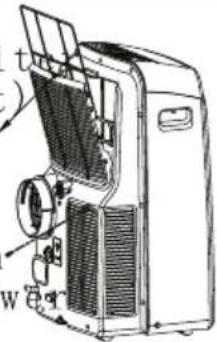 Technical diagram of an air conditioner unit with labeled components and airflow indicators