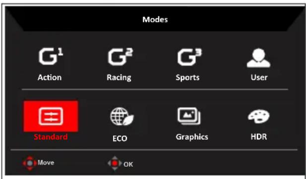 Modes G¹ Action G² Racing G³ Sports User Standard ECO Graphics HDR Move OK