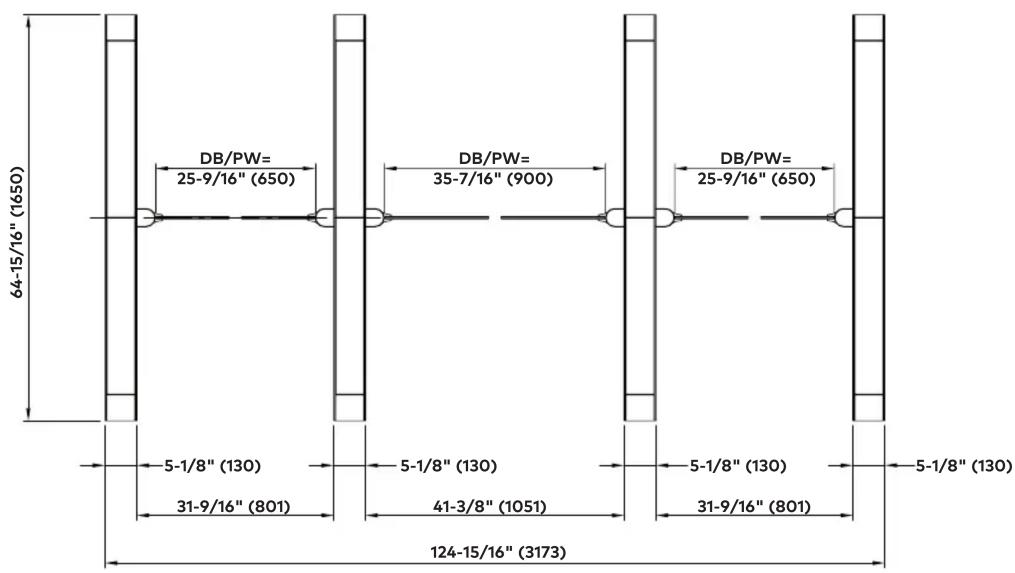 64-15/16" (1650) DB/PW= 25-9/16" (650) DB/PW= 35-7/16" (900) DB/PW= 25-9/16" (650) 5-1/8" (130) 5-1/8" (130) 5-1/8" (130) 31-9/16" (801) 41-3/8" (1051) 31-9/16" (801) 124-15/16" (3173)