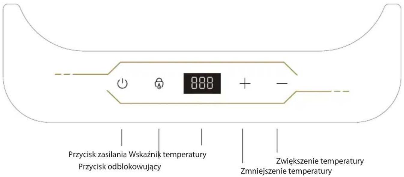 Przycisk zasilania Wskaźnik temperatury Przycisk odblokowujący 888 + - Zwiększenie temperatury Zmniejszenie temperatury