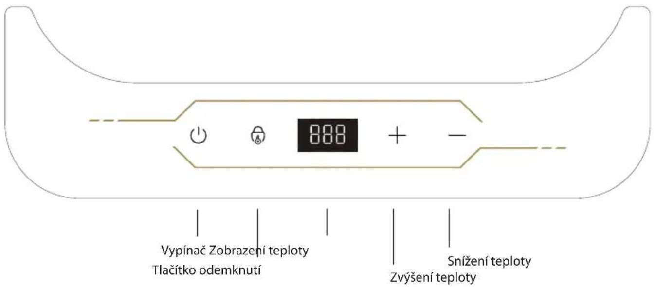 Vypínač Zobrazení teploty Tlačítko odemknutí 888 + - Snížení teploty Zvýšení teploty
