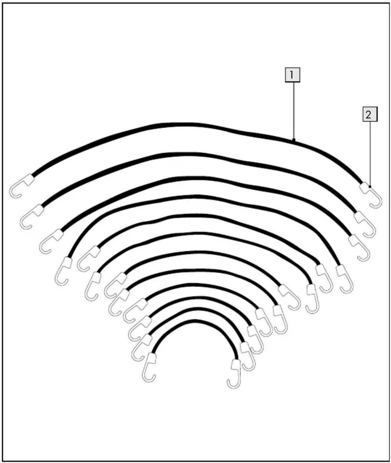 Diagram showing a curved, segmented pattern with labeled points 1 and 2, marked with curved clips.