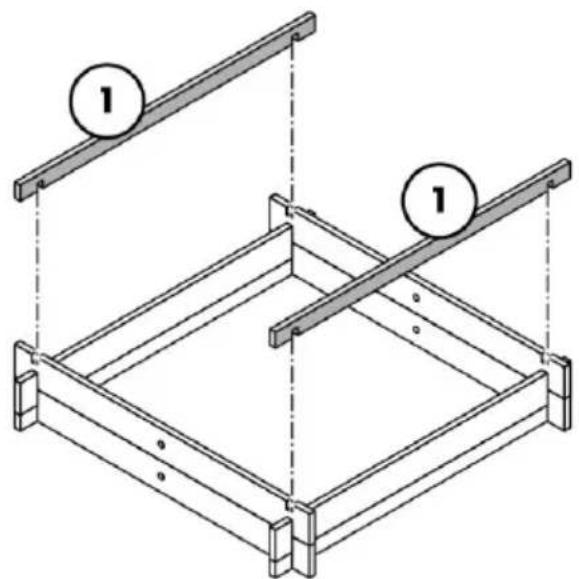 Isometric technical diagram of a structural frame with two horizontal bars and circular indicators labeled '1' (no text or symbols beyond labels)