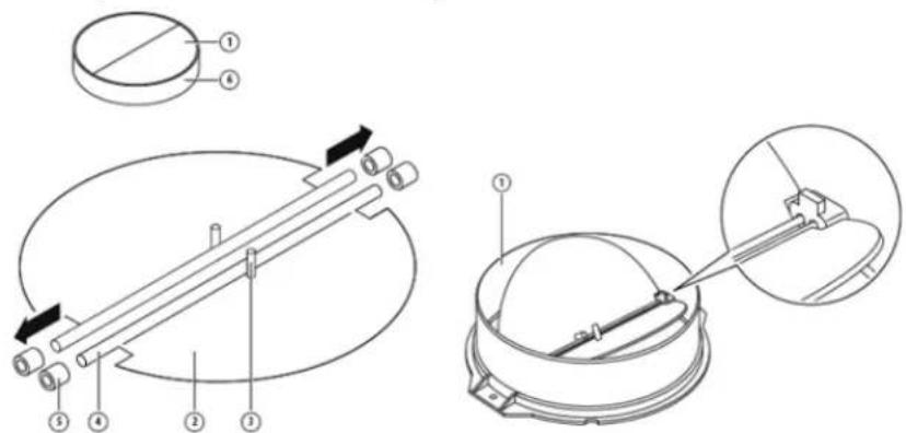 Technical diagram showing mechanical assembly with numbered components and directional arrows indicating motion or assembly.