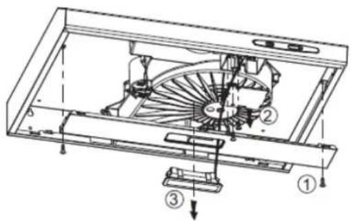 Technical diagram of a mechanical device with numbered components and directional arrows indicating assembly or motion.