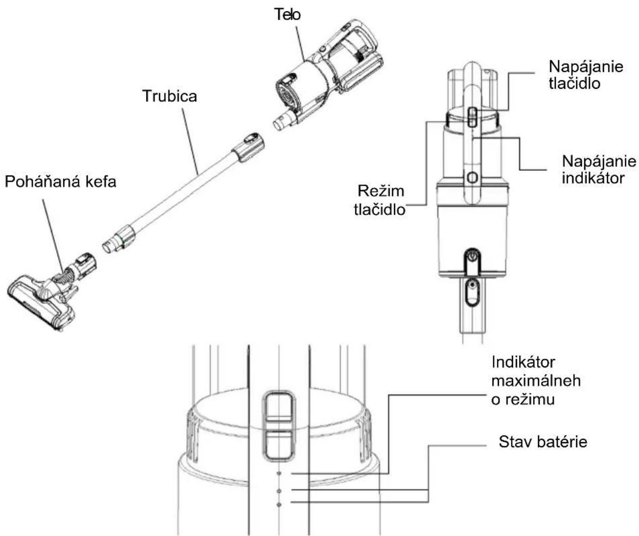 Telo Trubica Poháňaná kefa Režim tlačidlo Napájanie tlačidlo Napájanie indikátor Indikátor maximálneh o režimu Stav batérie