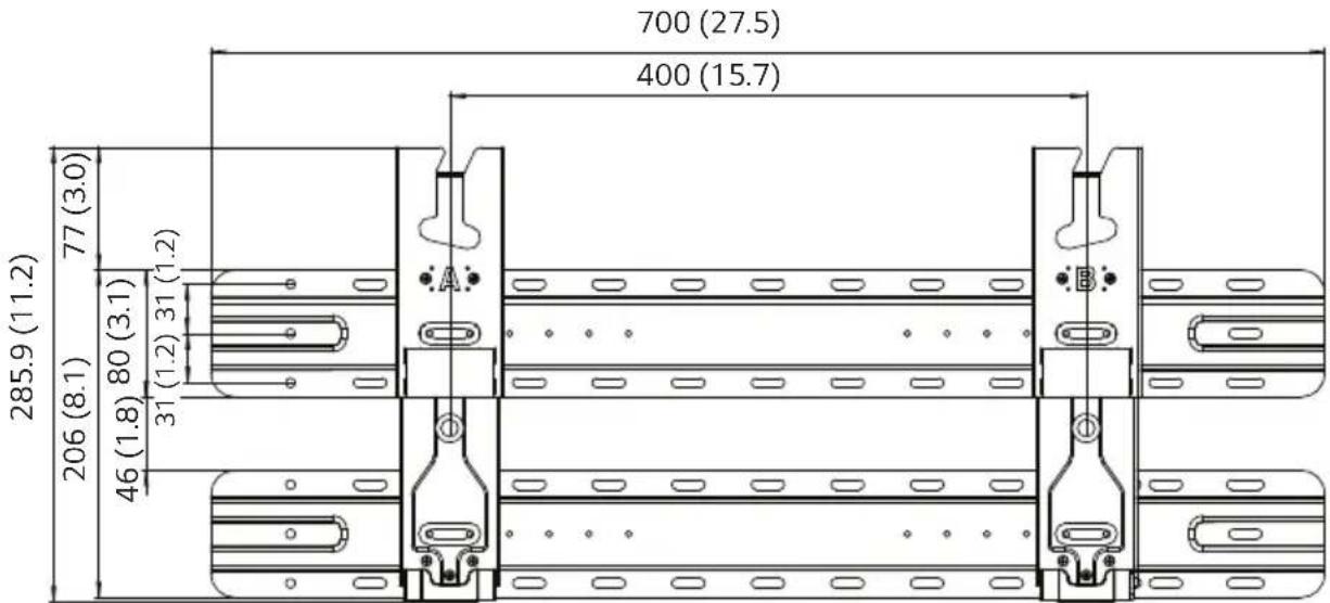 700 (27.5) 400 (15.7) 285.9 (11.2) 77 (3.0) 206 (8.1) 46 (1.8) 80 (3.1) 31 (1.2) 31 (1.2) A B