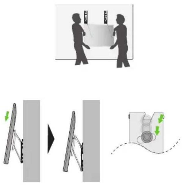 Diagram illustrating a person interacting with a device, showing structural change and motion direction with green arrows indicating movement.
