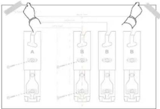 Diagram showing four labeled mechanical or electrical components (A, B) with hand gestures and dashed lines indicating connections or assembly.