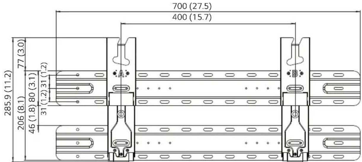 700 (27.5) 400 (15.7) 285.9 (11.2) 77 (3.0) 206 (8.1) 46 (1.8) 80 (3.1) 31 (1.2) 31 (1.2) A B