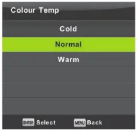 Colour Temp Cold Normal Warm ENTER Select MENU Back