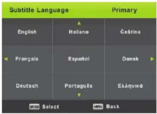 Subtitle Language Primary English Italiano Čeština Français Español Dansk Deutsch Português EALnyiká ENTER Select END Back