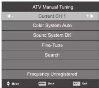 ATV Manual Tuning Current CH 1 Color System Auto Sound System DK Fine-Tune Search Frequency Unregistered Move MENU Back EXIT Exit