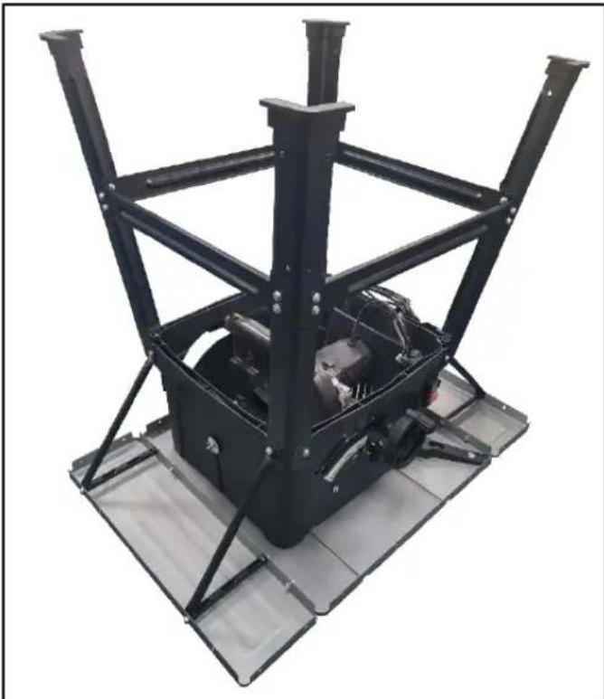 Mechanical device with black frame structure and central housing, mounted on a gray base (no visible text or symbols)