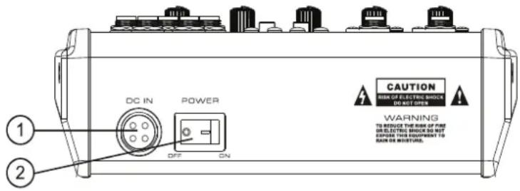 1 2 DC IN POWER OFF ON CAUTION REACH OF EXTRA-ANGLE DO NOT OPEN WARNING TO REDUCE THE RAIL OF FIRE OR ELECTRIC SHOCK DO NOT EXPENSE THIS EQUIPMENT TO RAIN OR MOBUSTURE.