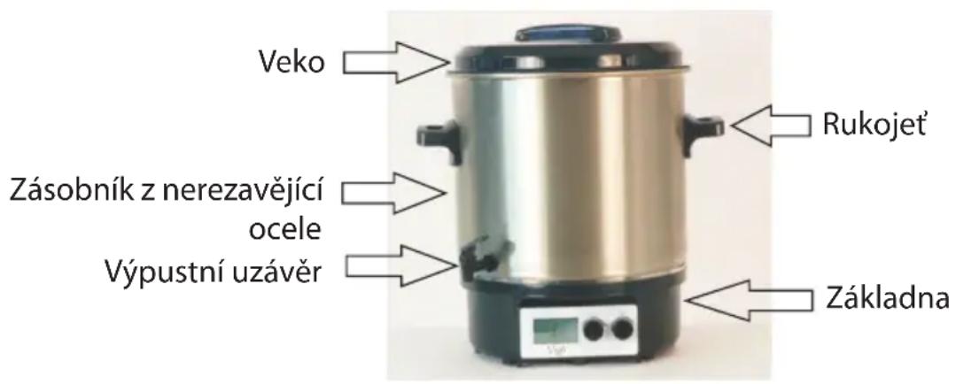 Veko Zásobník z nerezavějící ocele Výpustní uzávěr Rukojeť Základna