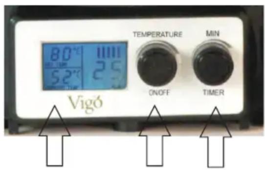 TEMPERATURE MIN 80°C 52°C 25°C ON/OFF TIMER Vigo