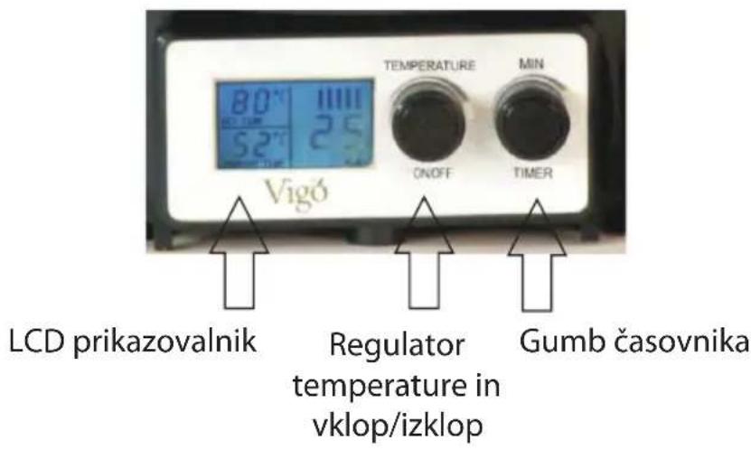 Vigó 80° 52° TEMPERATURE MIN ONOFF TIMER LCD prikazovalnik Regulator temperature in vklop/izklop Gumb časovnika