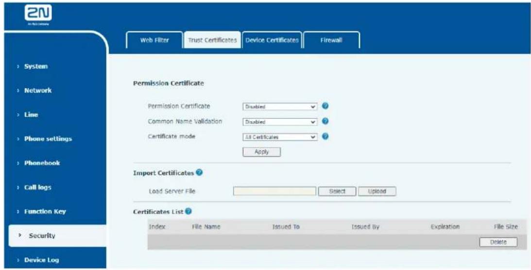 2N Telecommunications IP Handset - Security >> Trust Certificates - 1