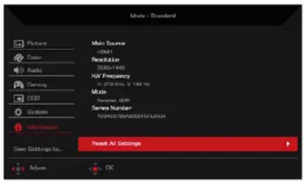 Mode - Standard Picture Color Audio Camping CDG System Information Main Source HOM1 Resolution 2580x1440 H/V Frequency 16.019 GHz, V: 144 Hz Mode Named, GDR Series Number 123455788A8D8F8H8RUM Reset All Settings Save Settings to... Adjust OK