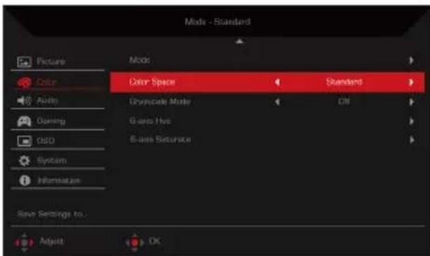 Mode - Standard Picture Color Audio Oursing GSD System Information Mode Color Space Standard Glyphosate Mode Off G-arc Bus G-arc Busator Save Settings to... Adjust OK