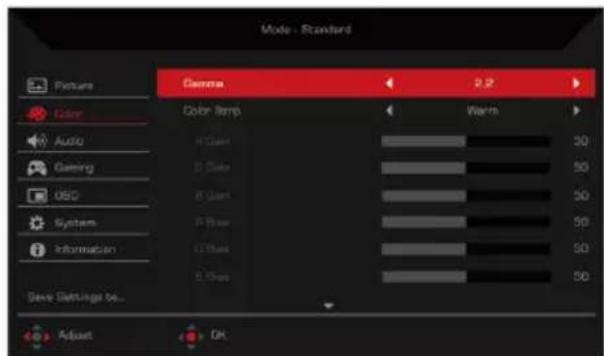 Mode - Standard Gamma 2.2 Picture Color Audio Gaming OSO System Information Save Settings to... Adjust OK