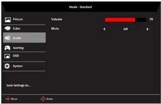 Mode - Standard Picture Volume 70 Color Mute Off Audio Gaming OSD System Save Settings to... Move Enter