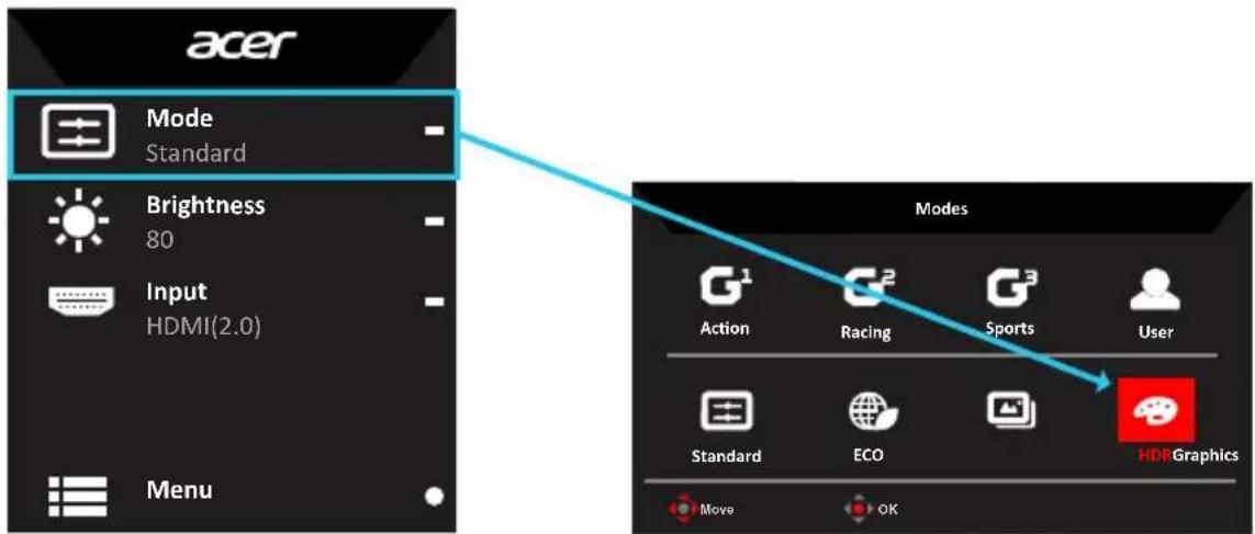 acer Mode Standard Brightness 80 Input HDMI(2.0) Menu Modes G¹ Action G² Racing G³ Sports User Standard ECO HDI Graphics Move OK