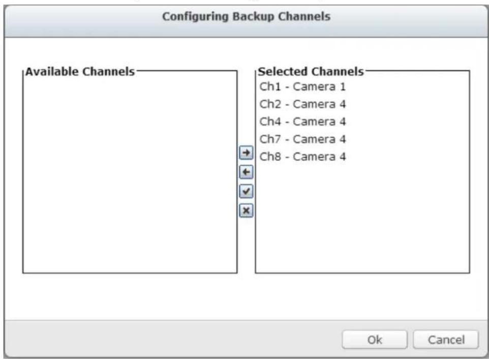 Configuring Backup Channels Available Channels Selected Channels Ch1 - Camera 1 Ch2 - Camera 4 Ch4 - Camera 4 Ch7 - Camera 4 Ch8 - Camera 4 Ok Cancel