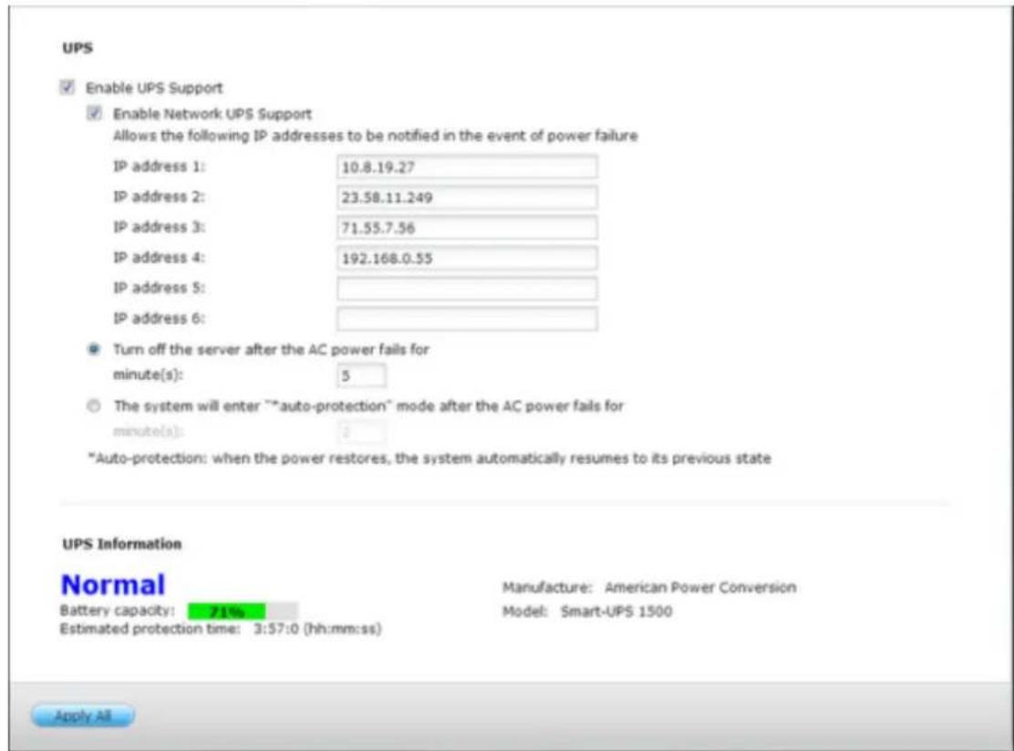 UPS ✓ Enable UPS Support ✓ Enable Network UPS Support Allows the following IP addresses to be notified in the event of power failure IP address 1: 10.8.19.27 IP address 2: 23.58.11.249 IP address 3: 71.55.7.56 IP address 4: 192.168.0.55 IP address 5: IP address 6: ● Turn off the server after the AC…