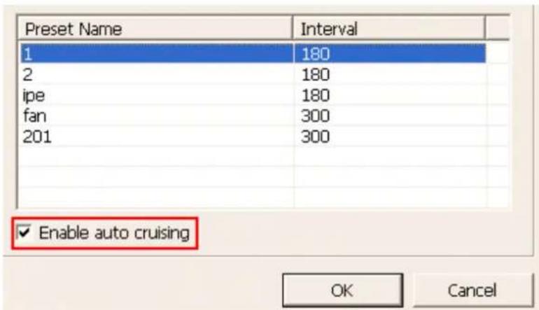 Preset Name Interval 1 180 2 180 ipe 180 fan 300 201 300 Enable auto cruising OK Cancel