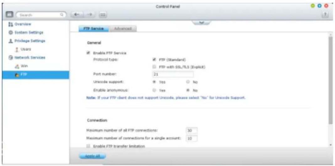 Control Panel Search Overview System Settings Privilege Settings Users Network Services Win FTP Service Advanced General Enable FTP Service Protocol type: FTP (Standard) FTP with SSL/TLS (ExpRER) Port number: 21 Unicode support: Yes No Enable anonymous: Yes No Note: If your FTP client does not suppo…