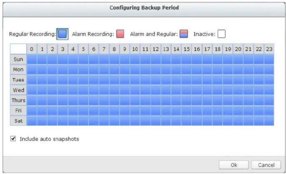 Configuring Backup Period Regular Recording: Alarm Recording: Alarm and Regular: Inactive: 0 1 2 3 4 5 6 7 8 9 10 11 12 13 14 15 16 17 18 19 20 21 22 23 Sun Mon Tues Wed Thurs Fri Sat Include auto snapshots Ok Cancel