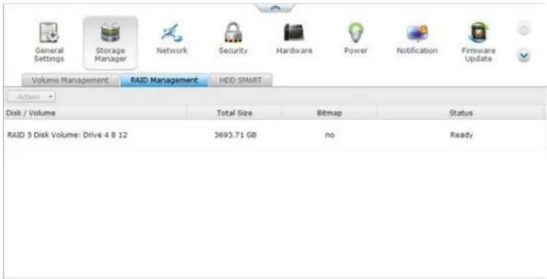 General Settings Storage Manager Network Security Hardware Power Notification Firmware Update Volume Management RAID Management HDD SMART Action Disk / Volume Total Size Bitmap Status RAID 5 Disk Volume: Drive 4 8 12 3693.71 GB no Ready