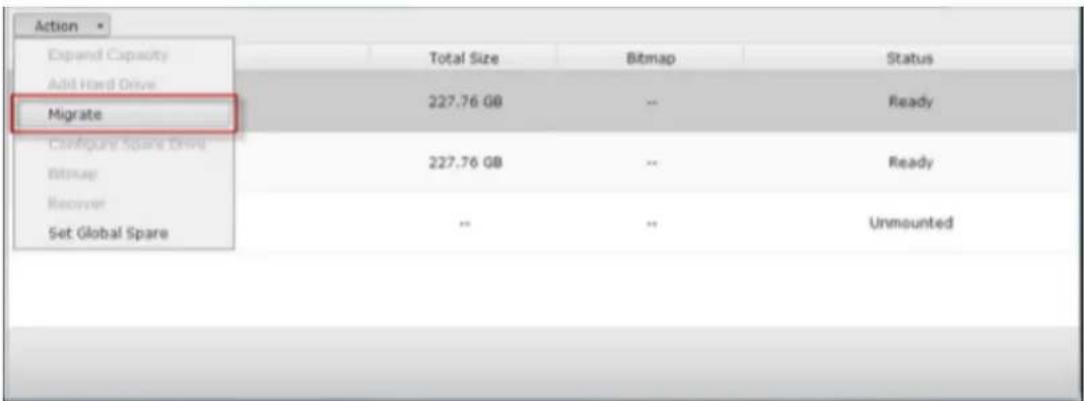 Action Expand Capacity Add Hard Drive Migrate Configure Spare Drive Bitmap Recover Set Global Spare Total Size Bitmap Status 227.76 GB Ready 227.76 GB Ready Unmounted