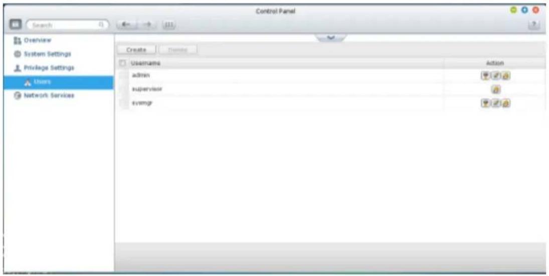 Control Panel Search Overview System Settings Privilege Settings Users Network Services Create Options Username admin supervisor avgmgr Action
