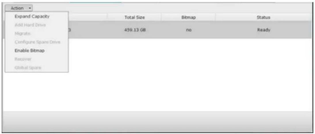 Action Expand Capacity Add Hard Drive Migrates Configure Space Drive Enable Bitmap Recover Global Space Total Size Bitmap Status 459.13 GB=no Ready