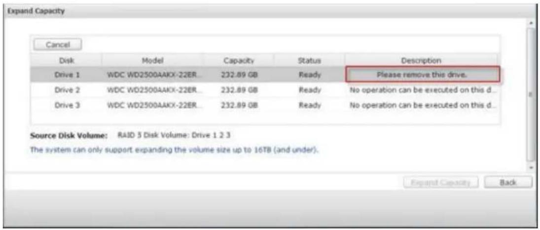 Expand Capacity Cancel Disk Model Capacity Status Description Drive 1 WDC WD2500AAKX-22ER_ 232.89 GB Ready Please remove this drive. Drive 2 WDC WD2500AAKX-22ER_ 232.89 GB Ready No operation can be executed on this d_ Drive 3 WDC WD2500AAKX-22ER_ 232.89 GB Ready No operation can be executed on this…