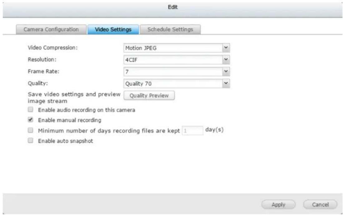 Edit Camera Configuration Video Settings Schedule Settings Video Compression: Motion JPEG Resolution: 4CIF Frame Rate: 7 Quality: Quality 70 Save video settings and preview image stream Quality Preview Enable audio recording on this camera Enable manual recording Minimum number of days recording fil…