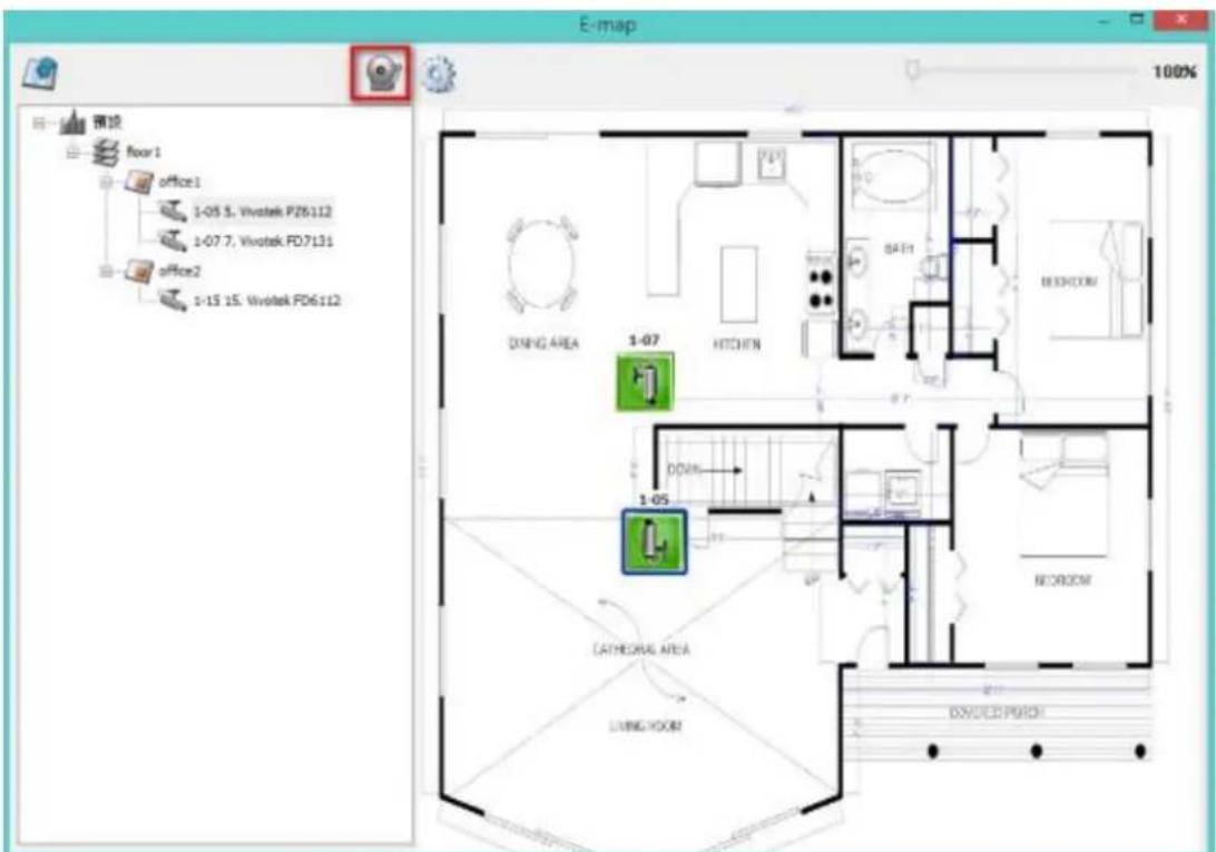 E - map 100% 雨巷 floor1 office1 1-05 5. Vivatek PZ6112 1-07 7. Vivatek FD7131 office2 1-15 15. Vivatek FD6112 DURING AREA 1-07 HITCHEN BATH BEDROOM DOCK 1-05 CATHEORAL AREA LIVING ROOM NICROOM DIVIDED PITCH