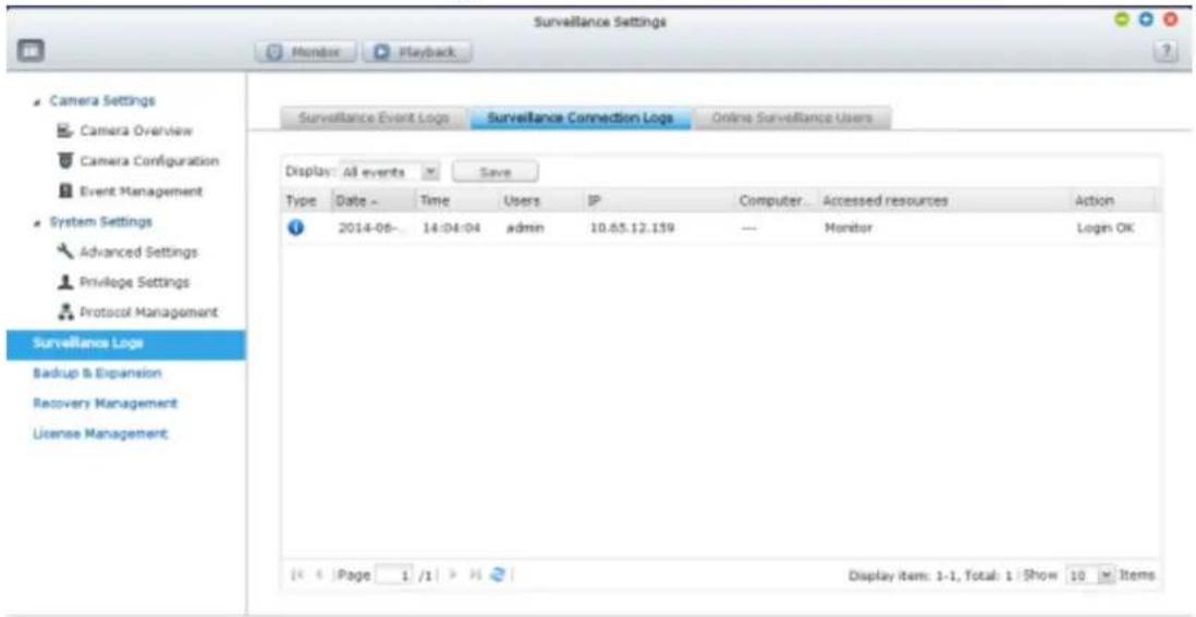 Surveillance Settings Monitor Playback Camera Settings Camera Overview Camera Configuration Event Management System Settings Advanced Settings Privilege Settings Protocol Management Surveillance Logs Backup & Expansion Recovery Management License Management Surveillance Event Logs Surveillance Conne…
