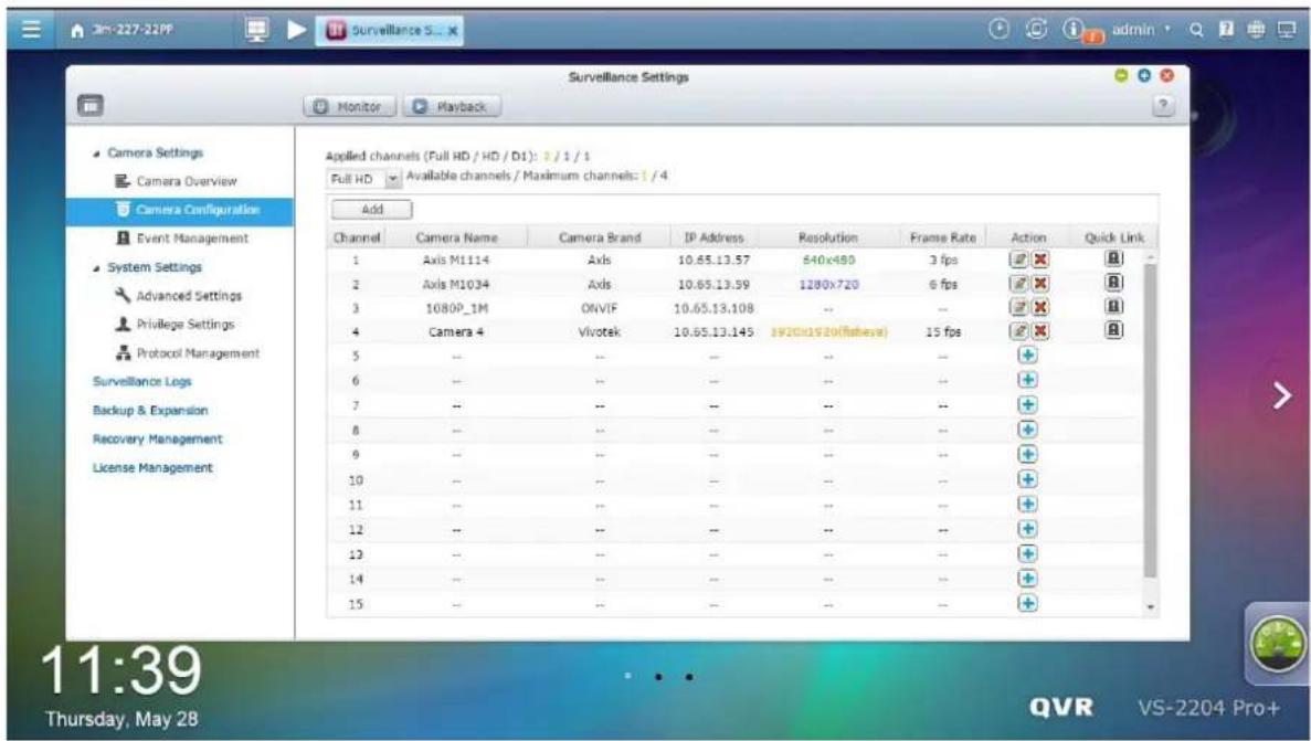 Camera Settings Camera Overview Camera Configuration Event Management System Settings Advanced Settings Privilege Settings Protocol Management Surveillance Logs Backup & Expansion Recovery Management License Management Add Channel Camera Name Camera Brand IP Address Resolution Frame Rate Action Quic…